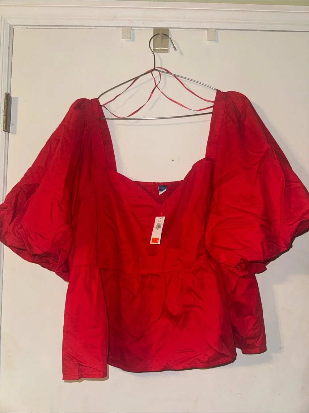 NWT Old Navy Red Puff-Sleeve Peplum Blouse-3X